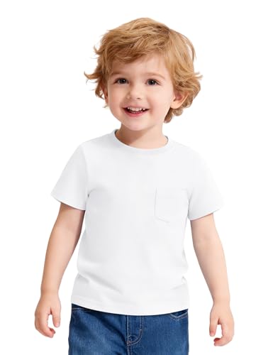 WRYGRTA Toddler Boy Short Sleeve Shirts Cotton T-Shirts with Pocket Round Neck Tee Tops White 2T