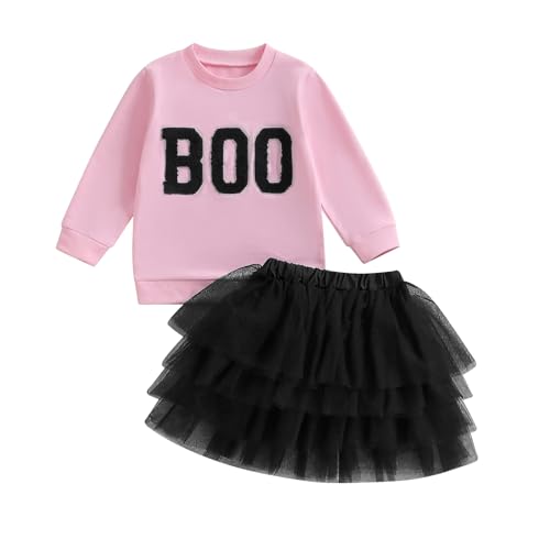 Image of FYBITBO Halloween Outfits For Toddler Girls Baby Kids Boo Sweatshirt Long Sleeve Shirt Tutu Skirt Dress Fall Clothes Sets