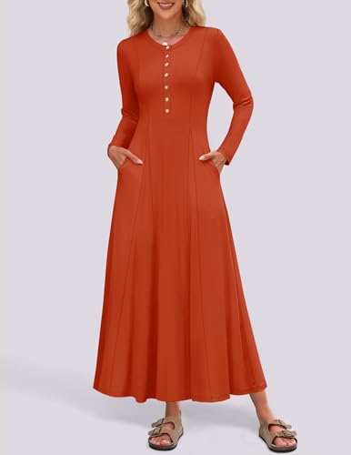 Image of ZESICA Women's Elegant Maxi Dresses 2026 Fall Long Sleeve Button Casual A Line Boho Flowy Dress with Pockets