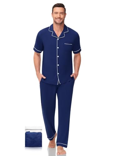 Image of Men's Short Sleeve Pajama Set, Soft Cotton Button Down Sleepwear Top & Long Pants, Loungewear PJs with Pockets S-XXXL