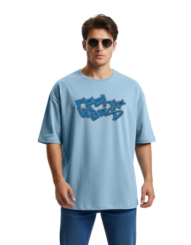 Image of Cotton Blend Oversized Loose Fit Drop Shoulder Graphic Printed Men's Half Sleeve T-Shirt (Sizes: S to 2XL)