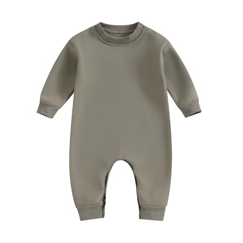 Image of Newborn Baby Boy Girl Fleece Romper Jumpsuit Solid Color Long Sleeve Thick Sweater Onesie Warm Winter Outfit Clothes