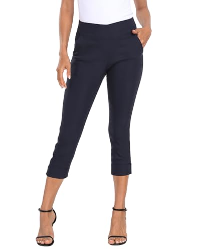 HDE Pull On Capri Pants for Women 21 Inseam Cropped Office Pants with Pockets Navy Blue - XL