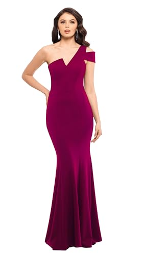 Image of Betsy & Adam Long Slim One Shoulder Dress | Cold Shoulder Evening Gown