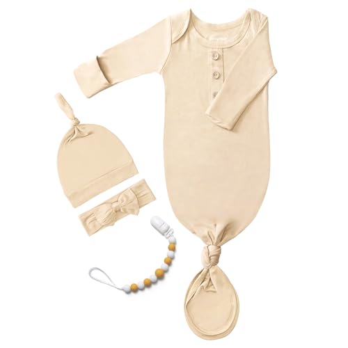 Image of Newborn Baby Knotted Gown, Super Soft Silky Infant Sleeper, Baby Girl Sleep Gown with Mittens, Bow, Clip and Hat Set