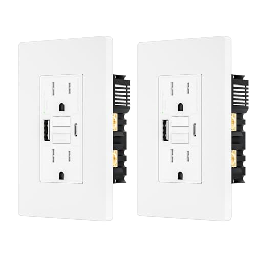 2PACK - 15AMP GFCI Outlet with USB-A & USB- C Ports, Self-Test GFCI Electrical Outlet Combination with USB, LED Indicator, Tamper Resistant, Screwless Wall Plate Include, ETL Listed, White