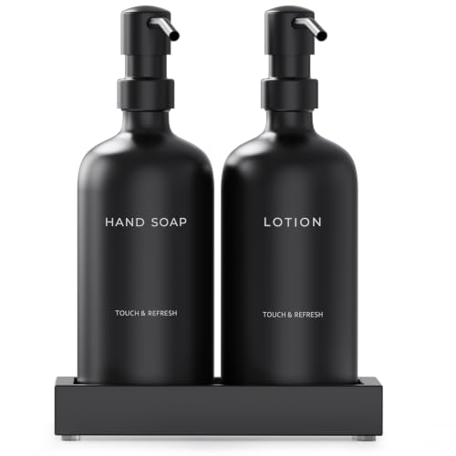 Soap Dispenser Bathroom Set - Hand Soap and Lotion Dispenser Set with Tray, Modern Bathroom Decor & Accessories. (Black)