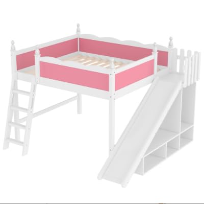Image of Queen Size Loft Bed with Storage Shelves, Cabinet & Detachable Slide and Ladders, Solid Wood Kids Loft Bed for Space-Saving, Playful & Organized Bedroom (Light White+Pink1, Queen)
