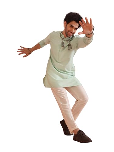Kisah Men's Kurta Trouser Set, Aqua Green Cotton Blend, Solid Regular Fit Mandarin Collar Long Sleeves (40)