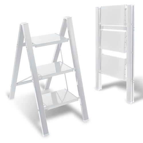 Yakimz Escalera de Aluminio Plegable de 3 Peldaños, Antideslizante, Soporta hasta 150 kg, Blanco