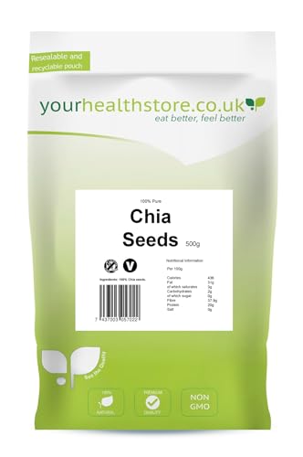 yourhealthstore Raw Chia Seeds 500g, 100% Natural, Vegan, High in Fibre, Gluten Free, (Resealable and Recyclable Pouch)