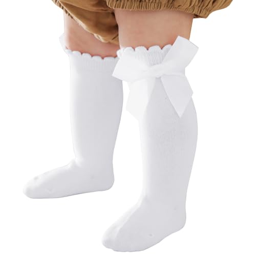 MIREAZW Baby Knee High Socks Newborn Ruffle Bow Socks Infant Long Sock Toddler Girls Uniform Stockings White 0-6 Months