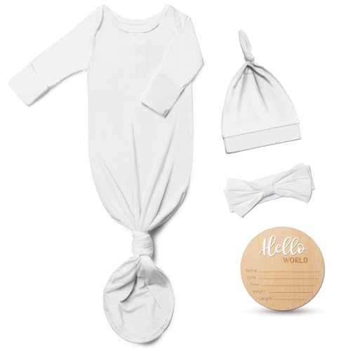 Image of Hello World Newborn Outfit Knotted Gown 0-3 Months, Baby Girl Boy Coming Home Sleeper with Sign