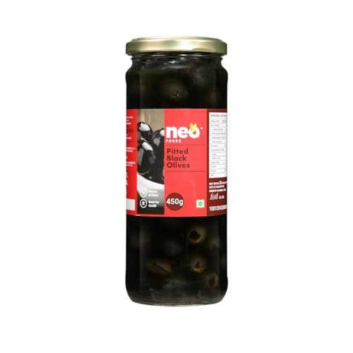 Image of Neo Pitted Black Olives 450g l 1 Jar l Low Fat Ready-to-Eat Healthy Snack, Source of Fibre l Enjoy as Topping for Pizza & Pasta l 450g