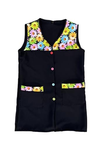 Casaca Escolar Sin Mangas Mujer Botones Multicolor Delantal Mandil Chaleco Estampado Tres Bolsillos Uniforme Maestra Peluquera Auxiliar Limpieza Cuidado Infantil Lavable – Serie 7061 (Negro -1B, M)