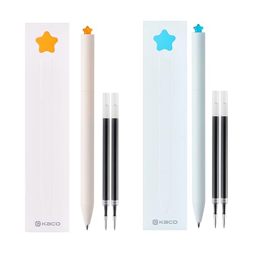Image of Kaco FIRST Gel Pens Cute Stationery Black Ink 2 Pieces with Extra 4 Refills, 0.5 mm