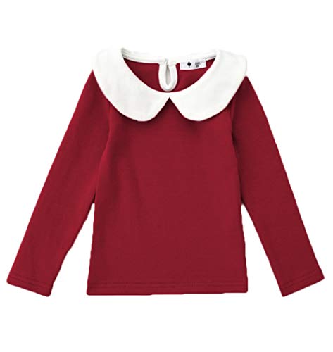 ASHER FASHION Little Girls Peter Pan Collar Blouse Long Sleeve Basic Plain Jersey Tee Shirt (Wine Red 5-6Y)