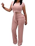 Women 2 Piece Outfits Summer Two Piece Pants Sets Sexy Tie Front Crop Top Wide Leg Casual Ribbed Outfit Pink XX-Large