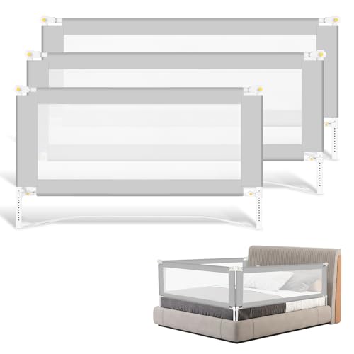 Ansobea 3 sponde pieghevoli per letto, 2 x 180 cm + 1 x 150 cm, senza viti, per bambini, grande base a U, protezione per letto da viaggio, facile da installare e trasportare, grigio