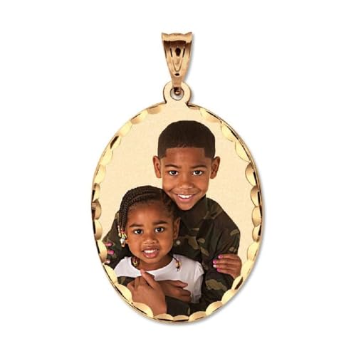 PicturesOnGold.com Oval w/Diamond Cut Edge Custom Photo Engraved Pendant With Engraving - 14K Solid Yellow Gold 1 x 1-1/4 Inch