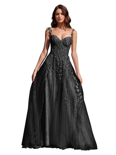Image of Long Tulle Prom Dresses 2025 V Neck Floral Long Ball Gowns for Women Lace Applique Formal Evening Gowns ACE159