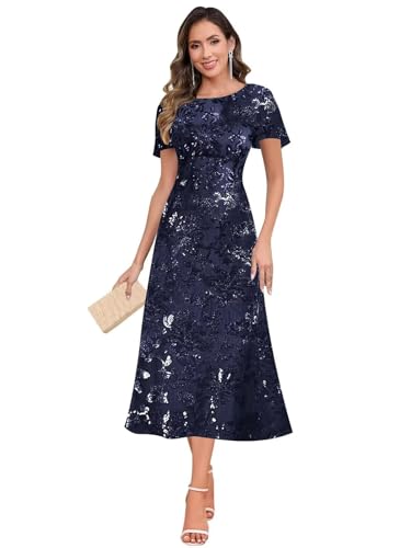 Tea Length Mother of The Bride Dresses for Women Sparkly Sequin Petite Wedding Guest Dress Formal Evening Gown4