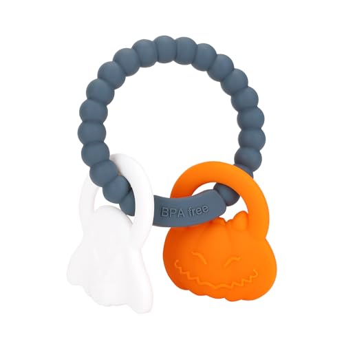 Image of Eoopoon Silicone Teething Ring Toy, Halloween Baby Teether Toys with Rattles Pumpkin and Ghost, Sensory Chew Toys for Babies 3-6-12 Months to Soothe Sore Gums,Dark Grey