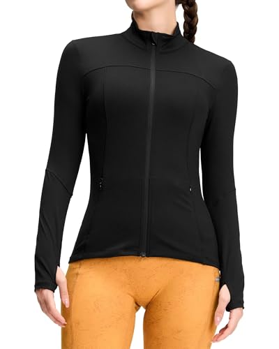 QUEENIEKE Chaqueta de entrenamiento con cremallera para mujer, corte ajustado, de algodón, suave, atlética, para correr, yoga, gimnasio, tops con agujeros para el pulgar