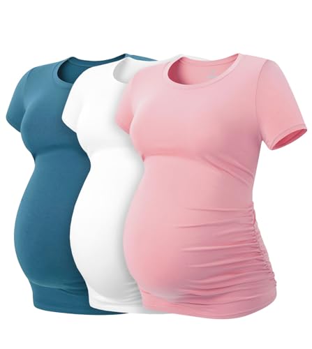 LAPASA Camiseta de Manga Corta para Premamá T-Shirt Embarazada Maternidad (Pack de 3) L55 L 1 Azul Pato, 1 Rosa, 1 Blanco