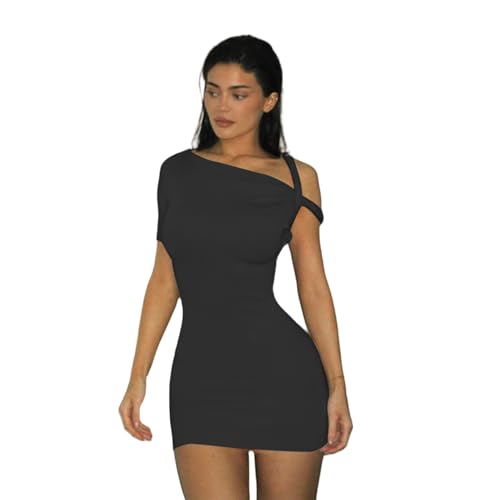 Women's Sexy Asymmetrical Twist One Shoulder Mini Dress Single Short Sleeve Knot Ruched Bodycon Y2K Party Dresses