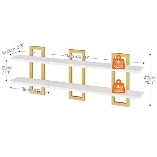 Image of HOOBRO Floating Shelves, 15 Inch Wall Shelf Set of 3, Wall Mounted Storage Shelves 2-Tier, Hanging Bathroom Shelves, for Living Room, Bedroom, Bathroom, Kitchen, White and Gold DW32BJP301