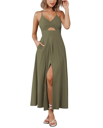 BTFBM Women 2025 Summer Spaghetti Strap Midi Dress Sleeveless V Neck Cutout Slit Casual Beach Party Maxi Dresses Pockets