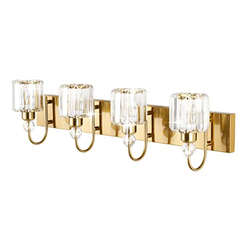 Image of Ralbay Brass Gold Vanity Lights 4-Lights Crystal Bathroom Lighting Fixtures Over Mirror Modern Wall Lighting for Bathroom