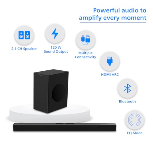 Image of Philips Audio TAB4218 /94 2.1Ch 120W Bluetooth Soundbar with Rich Bass, 3 EQ Modes, Multi-Connectivity Option with Supporting USB, HDMI(ARC), Optical, Coaxial & Aux-in (Black)