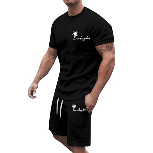 Conjunto de verano para hombre, elegante, ligero, deportivo, informal, tallas grandes, transpirable, camiseta y pantalones cortos de playa, de manga corta, juego de 2 piezas, para correr, algodón