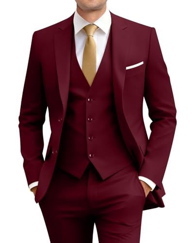 Image of Men's Slim Fit 3 Piece Suit Two Button Business Wedding Dress Tux Suit Set Jacket Vest Pants with Tie
