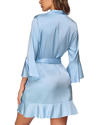 Hotouch Women's Satin Robe Bridesmaid Robes 3/4 Sleeve Satin Ruffle Robe Sexy Lingerie Robe V Neck Soft Kimono Robes Lightweight Sleepwear Clear Blue S #TOP4