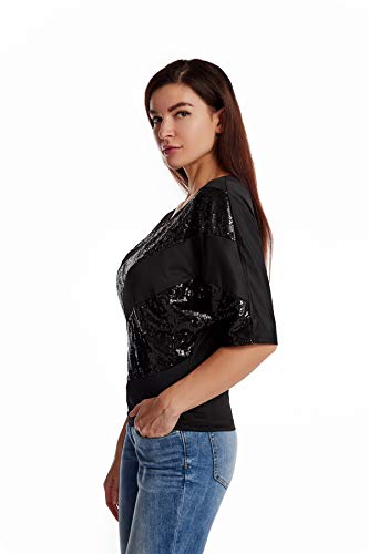 Wellotus Women's Sparkly Sequin Blouse Scoopneck Batwing Sleeve Glittery Tank Tops Costume T-Shirts (Xxxl, Black Color) #TOP4