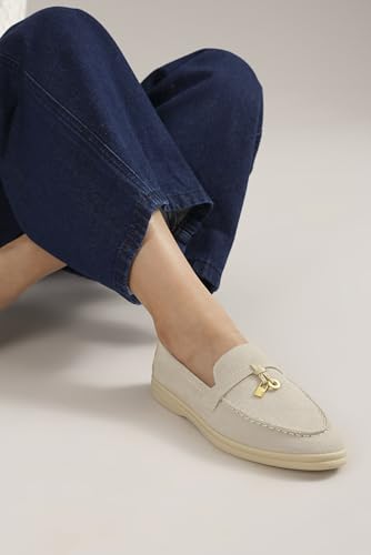 Image of Women's Faux Suede Loafers Fashion Slip On Comfort Flat Shoes Lightweight Breathable Non-Slip Casual Walking Shoes with Metal Buckle for Daily Office Travel Outdoor