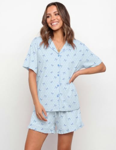 Image of Ekouaer Womens Pajama Sets Button Down Short Sleeve Top and Shorts Cute Ruffled Pjs Sets Sleepwear