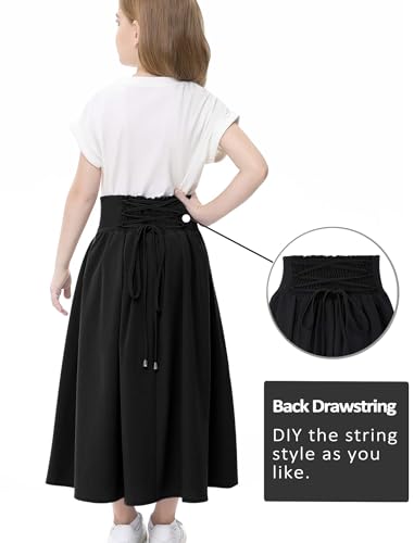 Image of Girl Maxi Skirt Elastic High Waist A-Line Long Skirt Smocked Waistband with Drawstring and Pockets 3-12 Years
