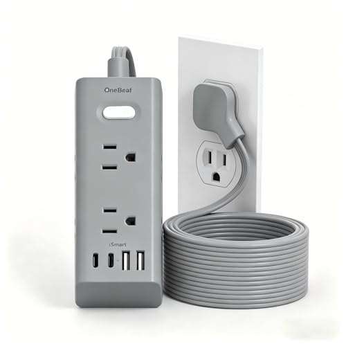 Image of 15Ft Extension Cord with Multiple Outlets, Flat Plug Power Strip Surge Protector with 15 Ft Long Cord, 6 Outlet 4 USB Ports (2 USB C), Multi Outlet Wall Plug for College, Dorm Room Essentials(Grey)