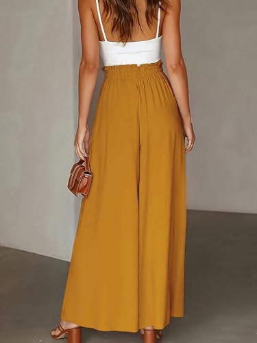 Womens Classic Casual Pants Solid Color Wide Leg Loose Pants With Ruffle Trim And Waist Tie2
