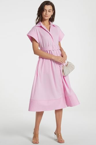 Image of Ladyful Women Casual Button Down Shirt Dress Short Wing Sleeve Buiness Midi Shirt Dress with Belt Elegant Dress