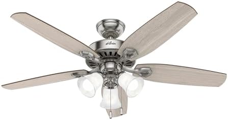 Hunter 52 inch Indoor Ceiling Fan with LED Lights - Ceiling Fan with Pull Chain, For Bedroom or Living Room, Standard Mount, No Remote, 5 Blades, Includes Bulbs - Builder Plus 51111, Brushed Nickel