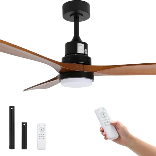 LETITIAR 52 Inch Ceiling Fan with Light and Remote Control,Ceiling Fan with Reversible Noiseless DC Motor/3 Walnut Wooden Blades/2 Downrods for Bedroom, Living Room, Office，Sloping Roof