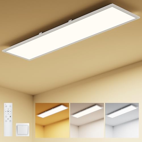 Amdelne Panneau LED 100x25cm, 3000-6500K Plafonnier LED Dimmable, 30W Luminaire Plafonnier avec Télécommande, Dalle Plafond avec Lumière nocturne/Minuterie...