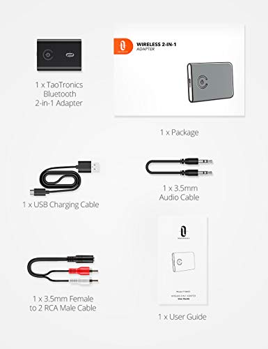 Transmissor e receptor Bluetooth 5.0 da TaoTronics, 2 em 1, adaptador sem fio 3,5 mm (baixa latência
