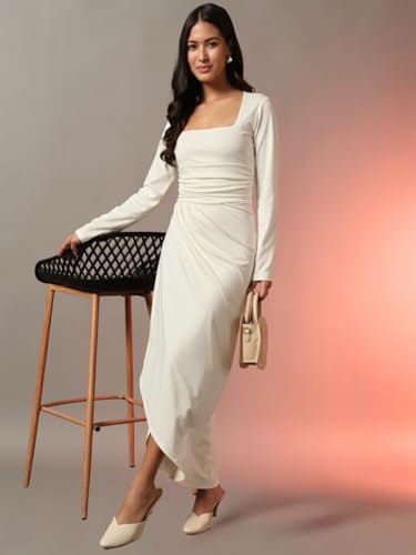 Image of Trend Arrest.ed Women's Bodycon Midi Dress | Square Neck Wrap Style | Stretchable | Full Sleeve Fitted Dress for Party, Evening, Casual Outings & Date Night