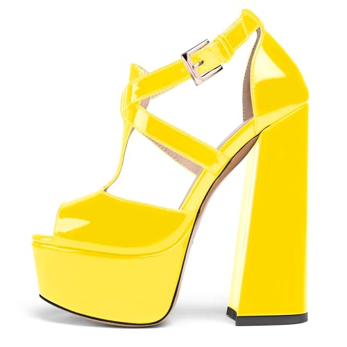 YODEKS Yellow Platform Heels Peep Toe T-Strap Block Heels Sandals Size 7
